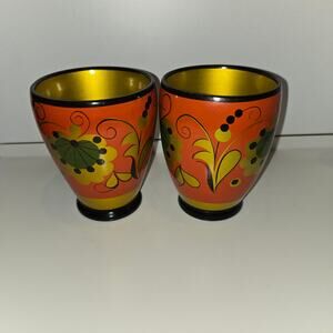 VTG Russian Khokhloma Wooden cups hand painted set of 2
